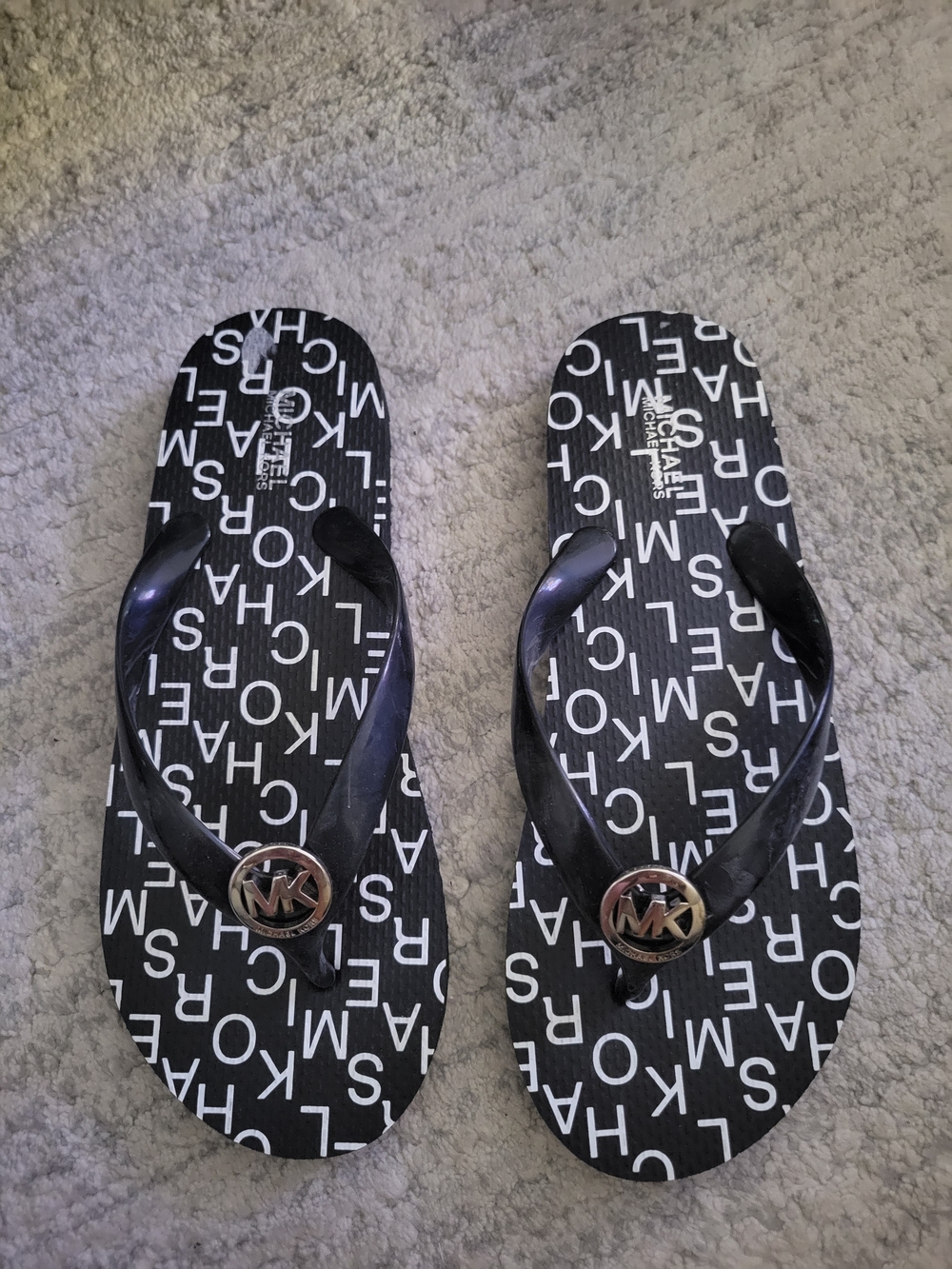 Michael Kors Black Logo Strap Flip Sandals with MK Medallion